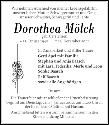 Traueranzeige von Dorothea Mölck von Husumer Nachrichten
