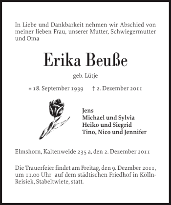 Traueranzeige von Erika Beuße von Elmshorner Nachrichten