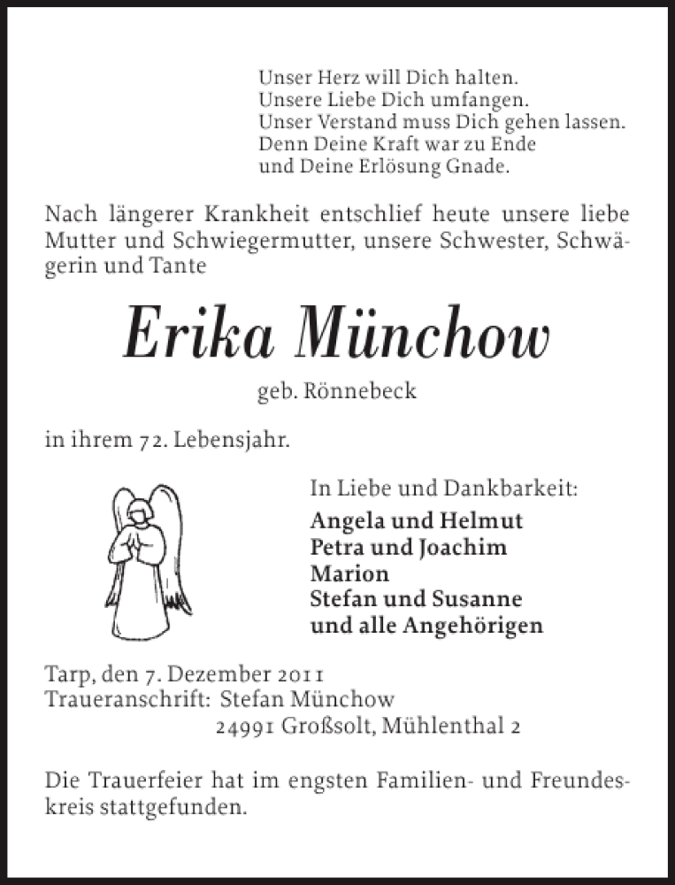  Traueranzeige für Erika Münchow vom 13.12.2011 aus Flensburger Tageblatt