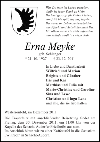 Traueranzeige von Erna Meyke von Landeszeitung