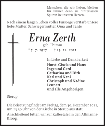Traueranzeige von Erna Zerth von Flensburger Tageblatt