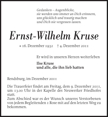 Traueranzeige von Ernst-Wilhelm Kruse von Landeszeitung