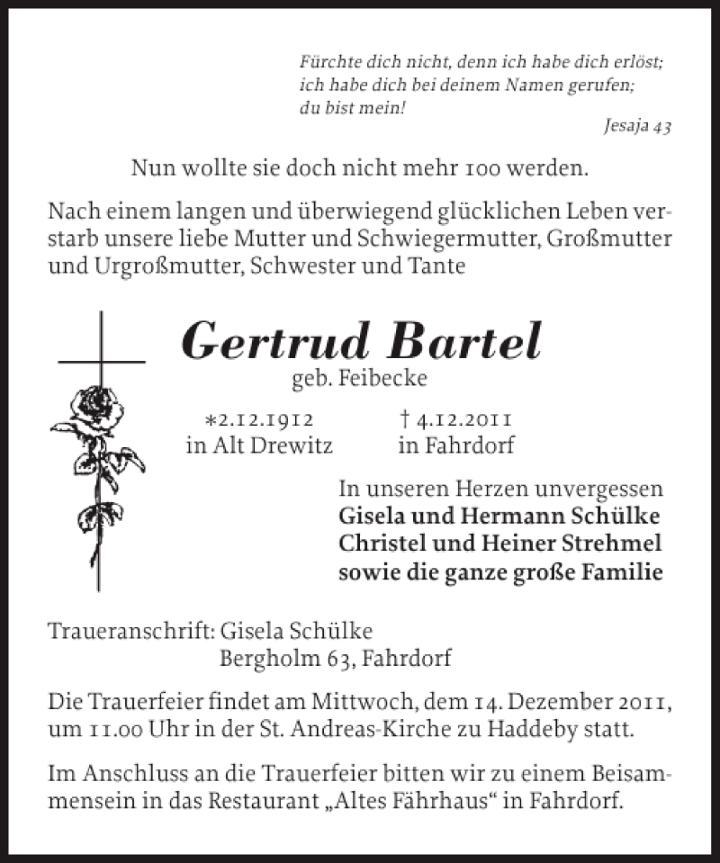  Traueranzeige für Gertrud Bartel vom 07.12.2011 aus Schleswiger Nachrichten