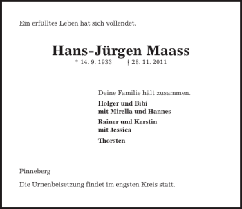 Traueranzeige von Hans-Jürgen Maass von Pinneberger Tageblatt