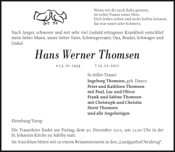 Traueranzeige von Hans Werner Thomsen von Flensburger Tageblatt