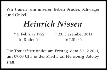 Traueranzeige von Heinrich Nissen von Husumer Nachrichten