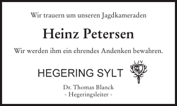 Traueranzeige von Heinz Petersen von Sylter Rundschau