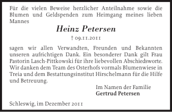 Traueranzeige von Heinz Petersen von Schleswiger Nachrichten