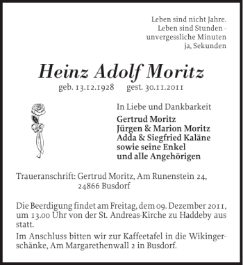 Traueranzeige von Heinz Adolf Moritz von Schleswiger Nachrichten