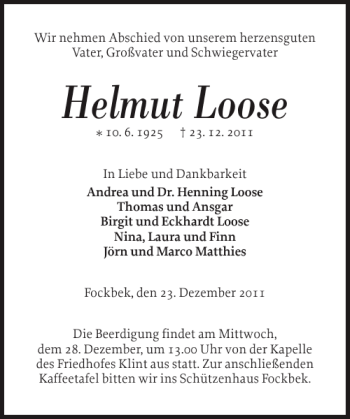 Traueranzeige von Helmut Loose von Landeszeitung