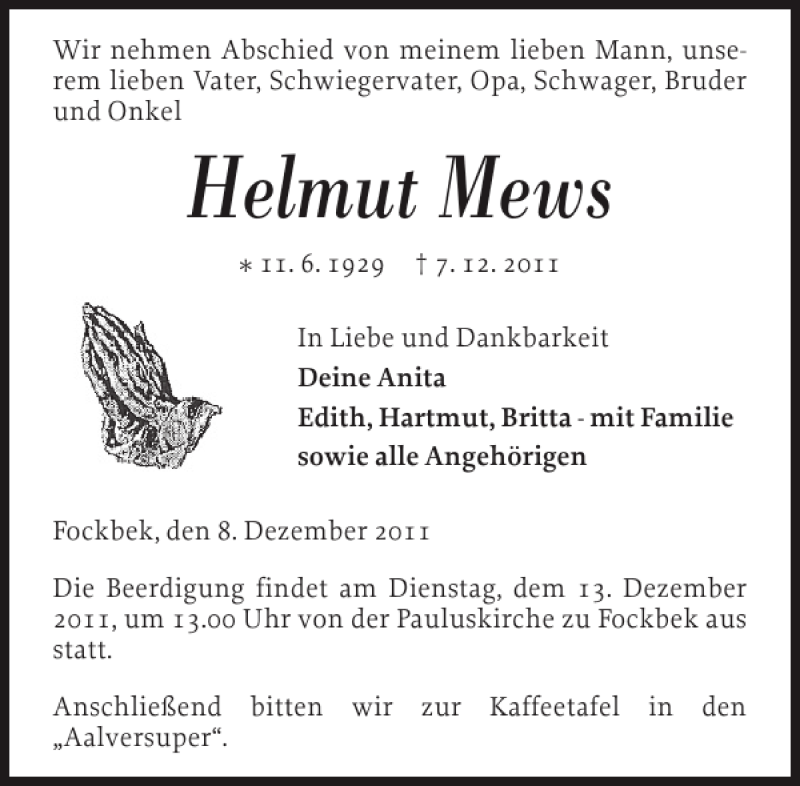  Traueranzeige für Helmut Mews vom 10.12.2011 aus Landeszeitung