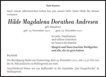Traueranzeige von Hilde Magdalena Dorathea Andresen von Schleswiger Nachrichten
