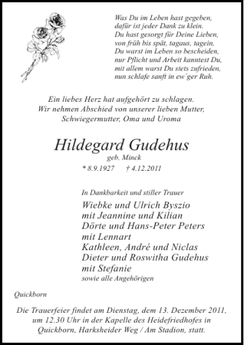 Traueranzeige von Hildegard Gudehus von Pinneberger Tageblatt