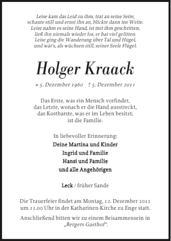Traueranzeige von Holger Kraack von Nordfriesland Tageblatt