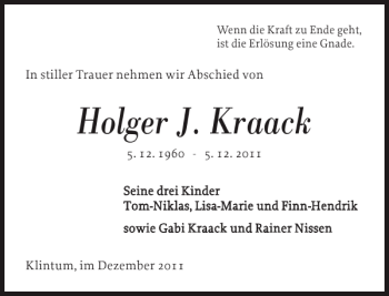 Traueranzeige von Holger J. Kraack von Nordfriesland Tageblatt