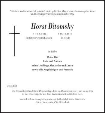 Traueranzeige von Horst Bitomsky von Norddeutsche Rundschau