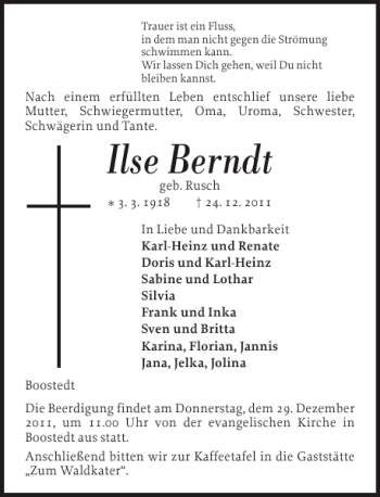 Traueranzeige von Ilse Berndt von Holsteinischer Courier