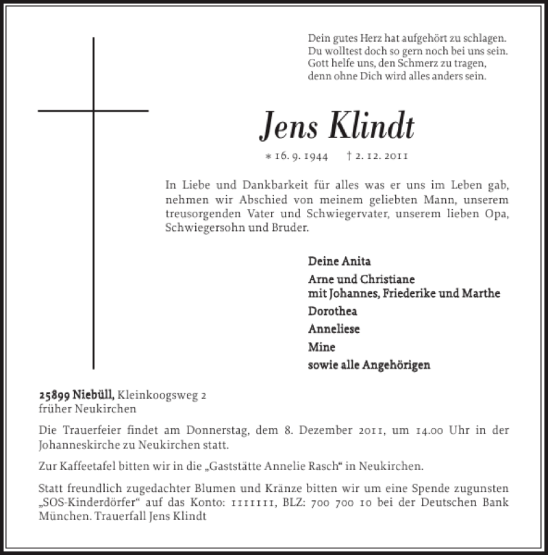  Traueranzeige für Jens Klindt vom 06.12.2011 aus Nordfriesland Tageblatt