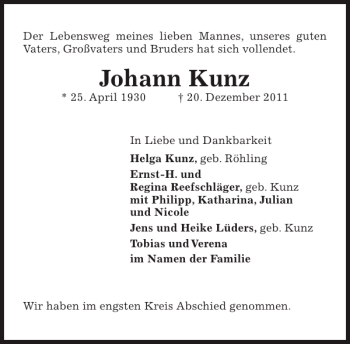 Traueranzeige von Johann Kunz von Pinneberger Tageblatt