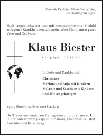 Traueranzeige von Klaus Biester von Elmshorner Nachrichten