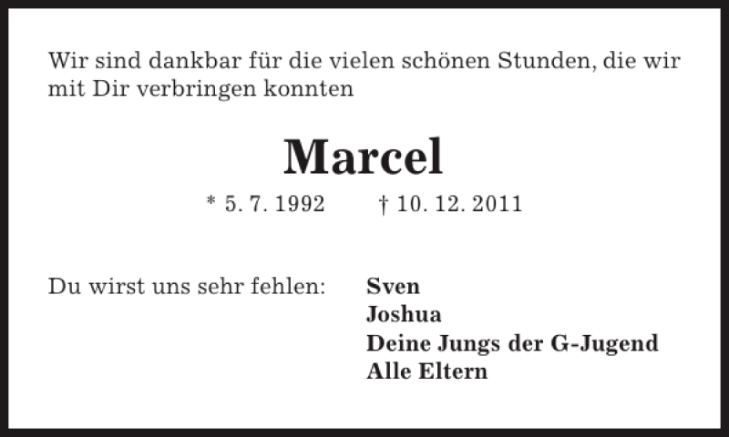  Traueranzeige für Marcel  vom 17.12.2011 aus Pinneberger Tageblatt