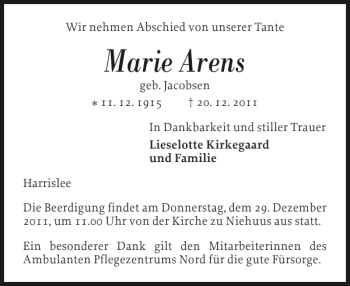 Traueranzeige von Marie Arens von Flensburger Tageblatt