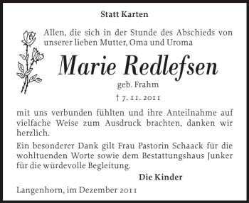 Traueranzeige von Marie Redlefsen von Husumer Nachrichten