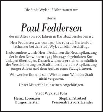 Traueranzeige von Paul Feddersen von Der Insel-Bote