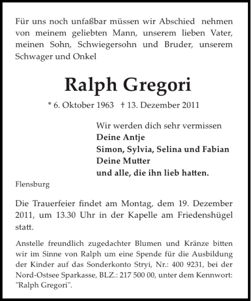  Traueranzeige für Ralph Gregori vom 16.12.2011 aus Flensburger Tageblatt