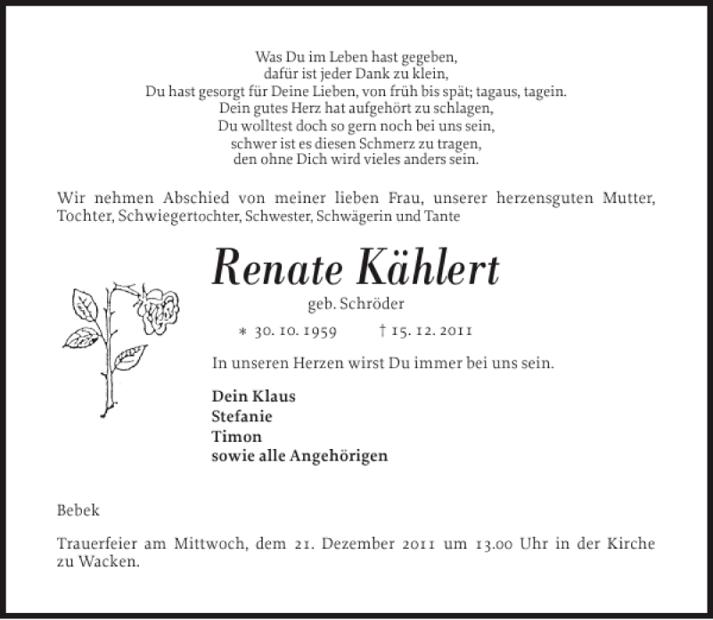  Traueranzeige für Renate Kählert vom 17.12.2011 aus Norddeutsche Rundschau