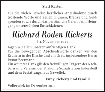 Traueranzeige von Richard Roden Rickerts von Husumer Nachrichten