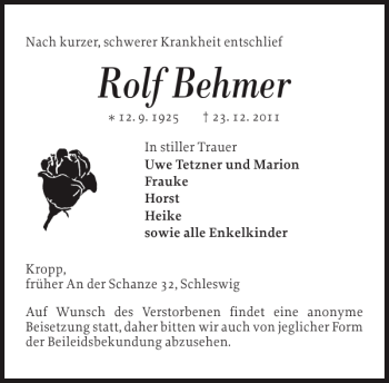 Traueranzeige von Rolf Behmer von Schleswiger Nachrichten