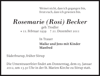 Traueranzeige von Rosemarie Rosi Becker von Flensburger Tageblatt