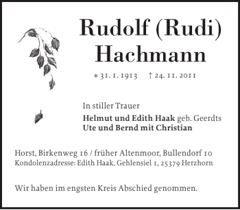 Traueranzeige von Rudolf Rudi Hachmann von Elmshorner Nachrichten