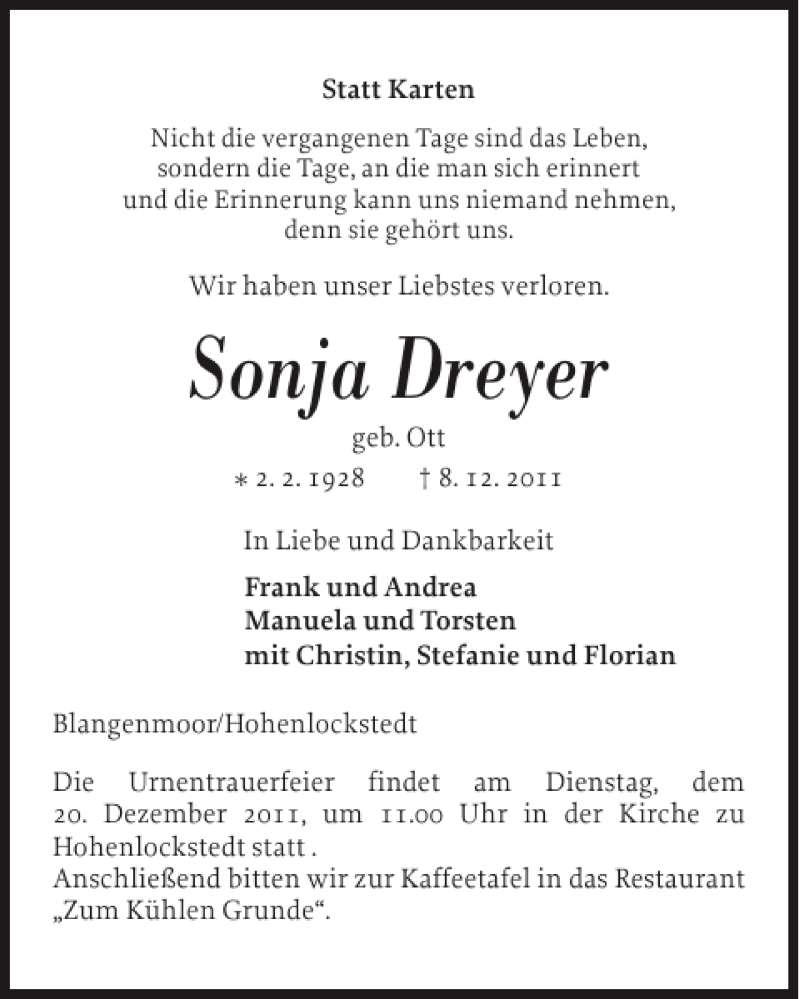  Traueranzeige für Sonja Dreyer vom 17.12.2011 aus Norddeutsche Rundschau