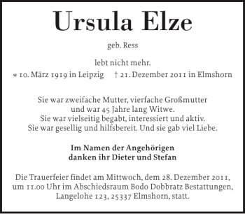 Traueranzeige von Ursula Elze von Elmshorner Nachrichten