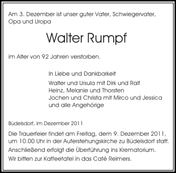 Traueranzeige von Walter Rumpf von Landeszeitung