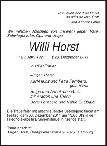 Traueranzeige von Willi Horst von Norddeutsche Rundschau