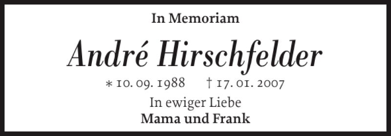  Traueranzeige für André Hirschfelder vom 17.01.2012 aus Flensburger Tageblatt