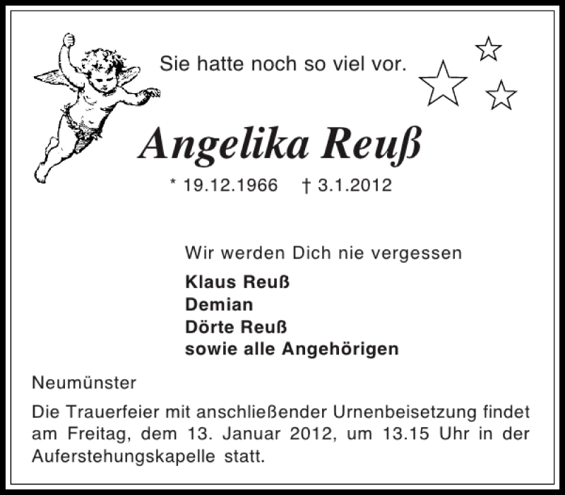  Traueranzeige für Angelika Reuß vom 07.01.2012 aus Holsteinischer Courier