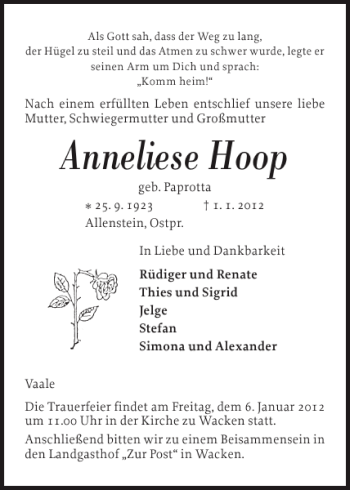 Traueranzeige von Anneliese Hoop von Norddeutsche Rundschau