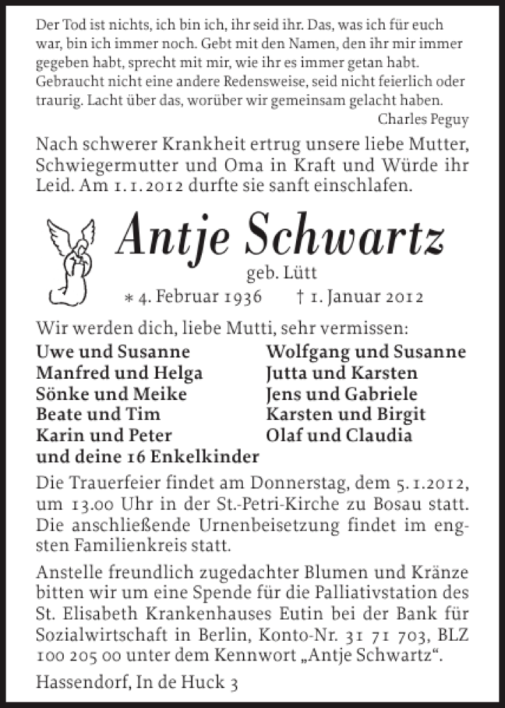  Traueranzeige für Antje Schwartz vom 03.01.2012 aus Ostholsteiner Anzeiger