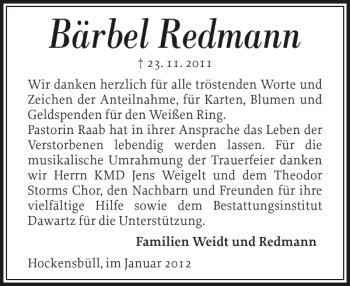 Traueranzeige von Bärbel Redmann von Husumer Nachrichten
