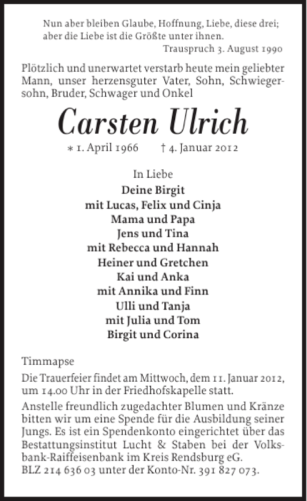  Traueranzeige für Carsten Ulrich vom 07.01.2012 aus Landeszeitung