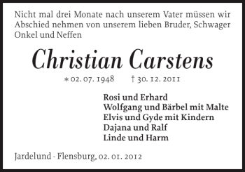 Traueranzeige von Christian Carstens von Flensburger Tageblatt