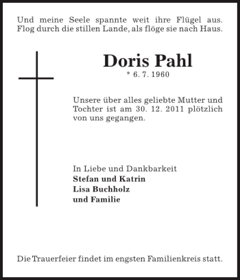 Traueranzeige von Doris Pahl von Pinneberger Tageblatt