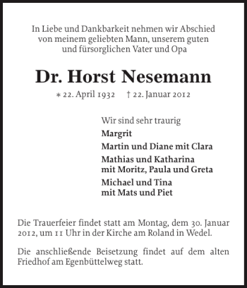 Traueranzeige von Dr. Horst Nesemann von Pinneberger Tageblatt