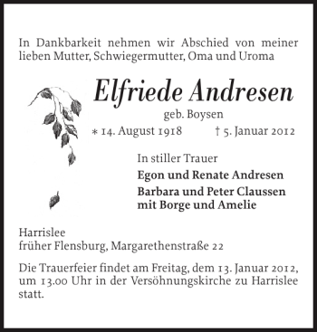 Traueranzeige von Elfriede Andresen von Flensburger Tageblatt
