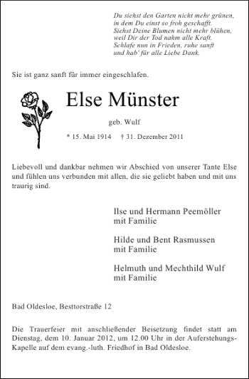 Traueranzeige von Else Münster von Stormarner Tageblatt
