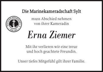 Traueranzeige von Erna Ziemer von Sylter Rundschau